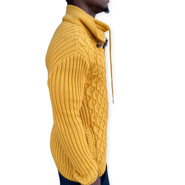 [Jordan] Yellow Men's Quarter Zip Wool Sweater with Wood Buttons