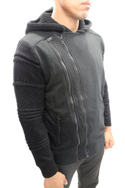 "Grant" Black Double Zipper Hoodie With Wool Sleeves And Hood