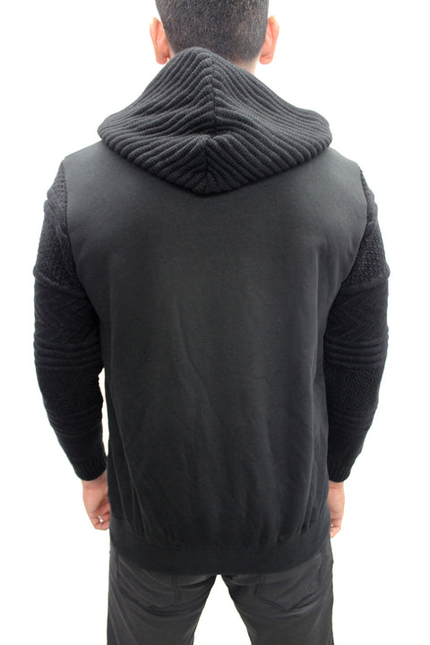 "Grant" Black Double Zipper Hoodie With Wool Sleeves And Hood