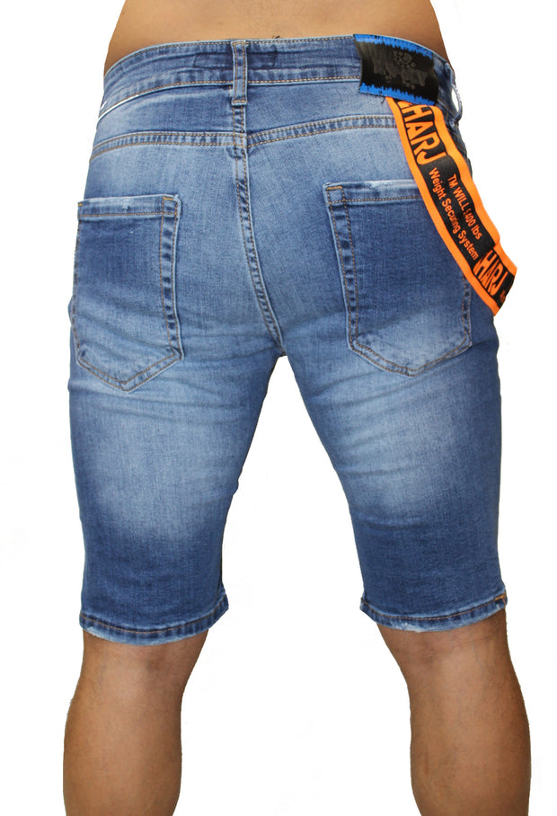 Deric Light Blue Jean Shorts With Patches and Suspender on side