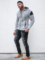[Jackson] Grey Wool Zip-Up Hoodie with Leather Patches