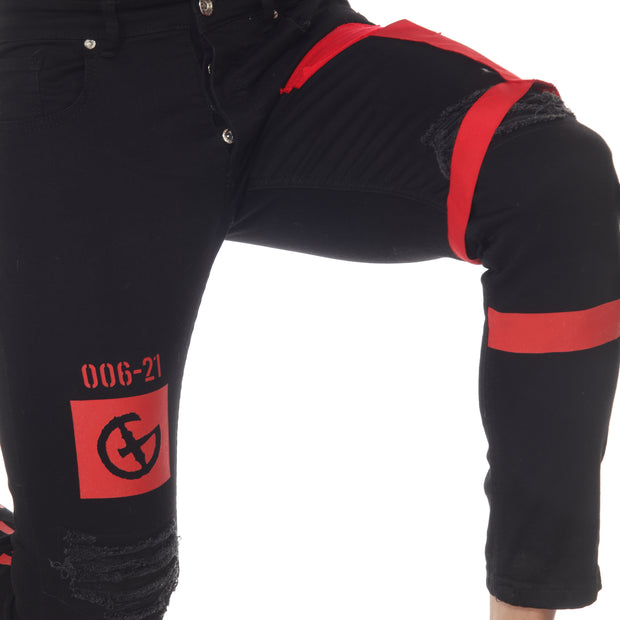 Black Jeans With Distress on Knees & Red Strap