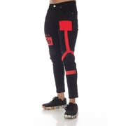 Black Jeans With Distress on Knees & Red Strap