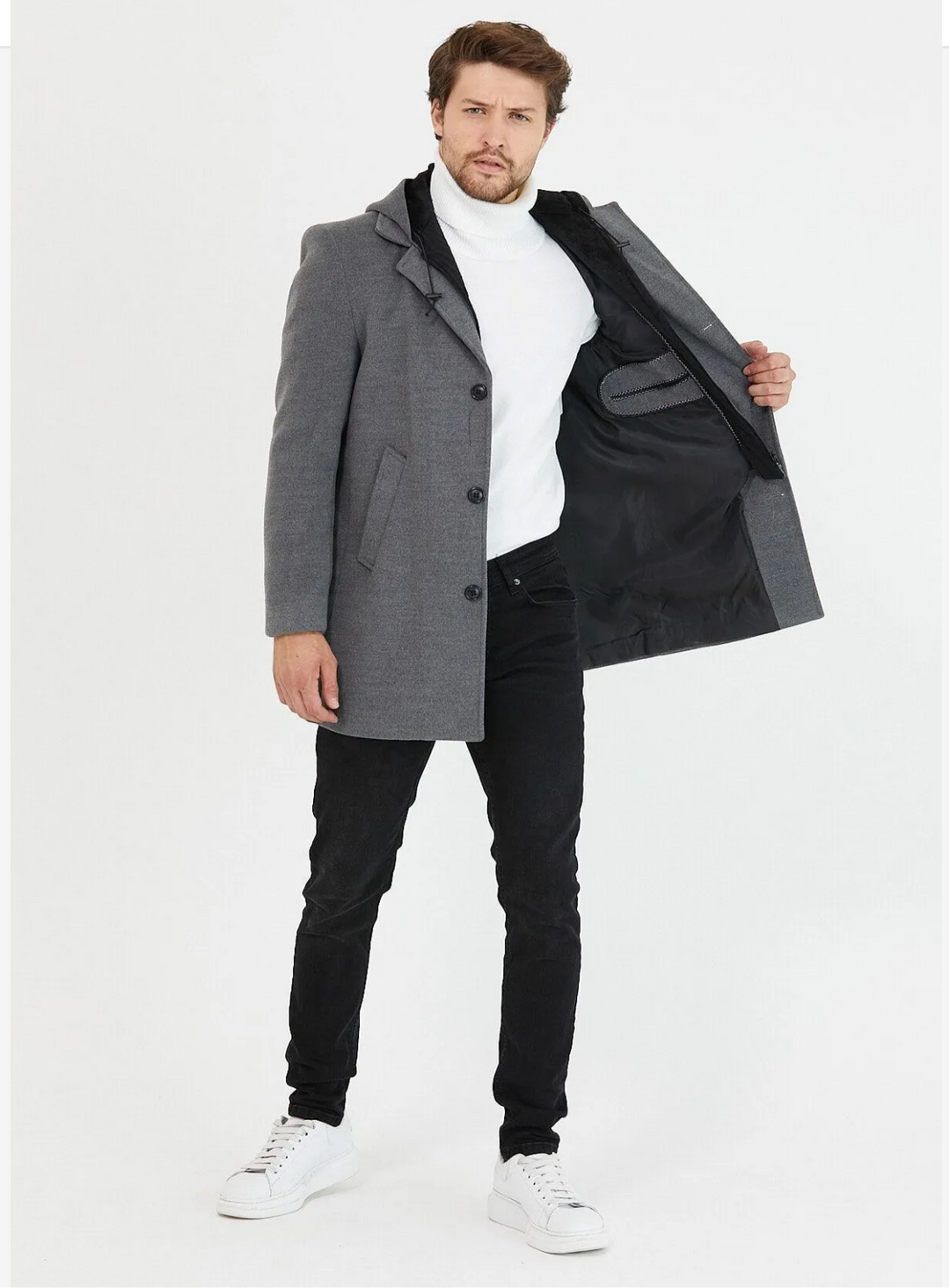 Drew] Charcoal Grey Single-Breasted Pea Coat with Removable Hood