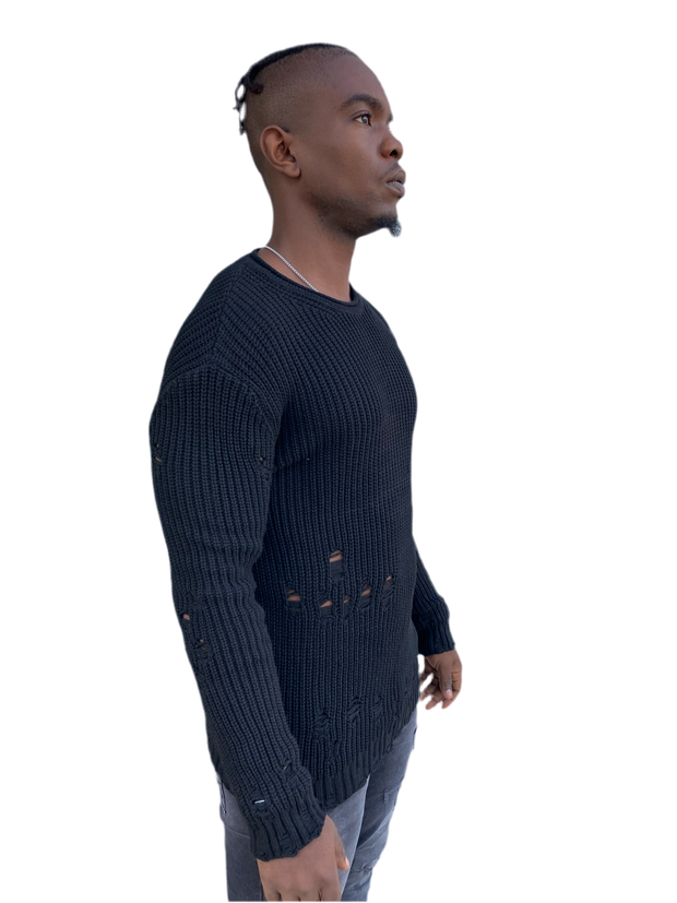 [Marvin] Black Distressed Light  Weight Knitted Crew Neck