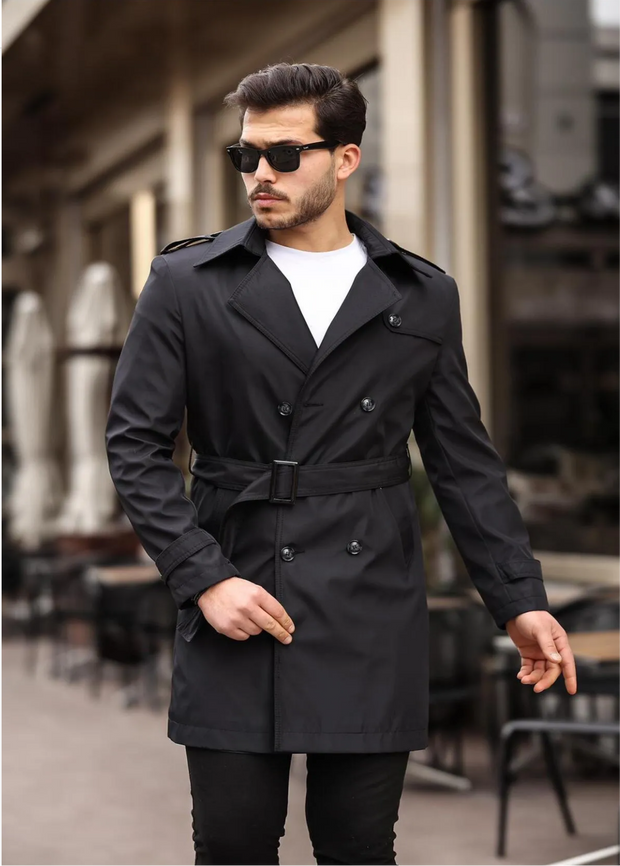 [Chicago]-Black Double Breasted Water Repellent Trench Coat