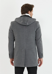 [Drew]Charcoal Grey -Single Breasted 100% Wool Pea Coat With Removable Hood