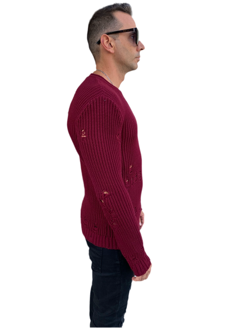 [Marvin] Red Distressed Light  Weight Knitted Crew Neck