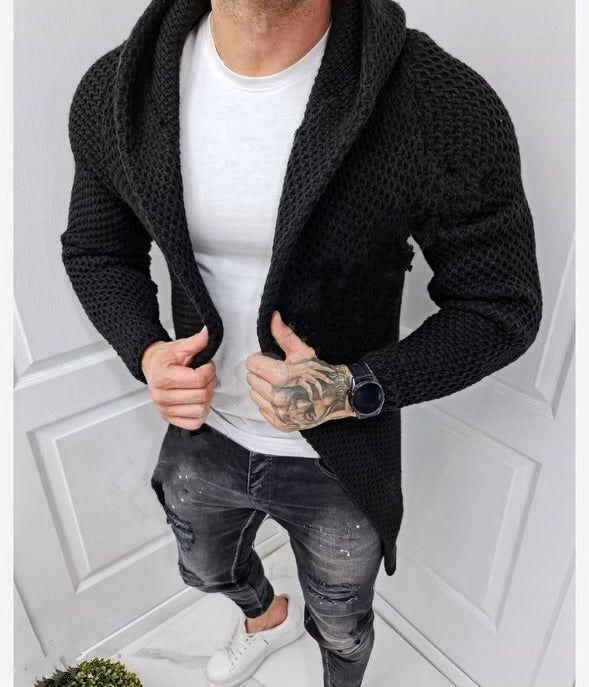 "Luca" Black Fashion Sweater Cardigan With Hood