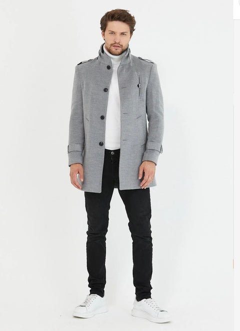 [Tommy] Grey-Single Breasted 100% Wool Pea Coat