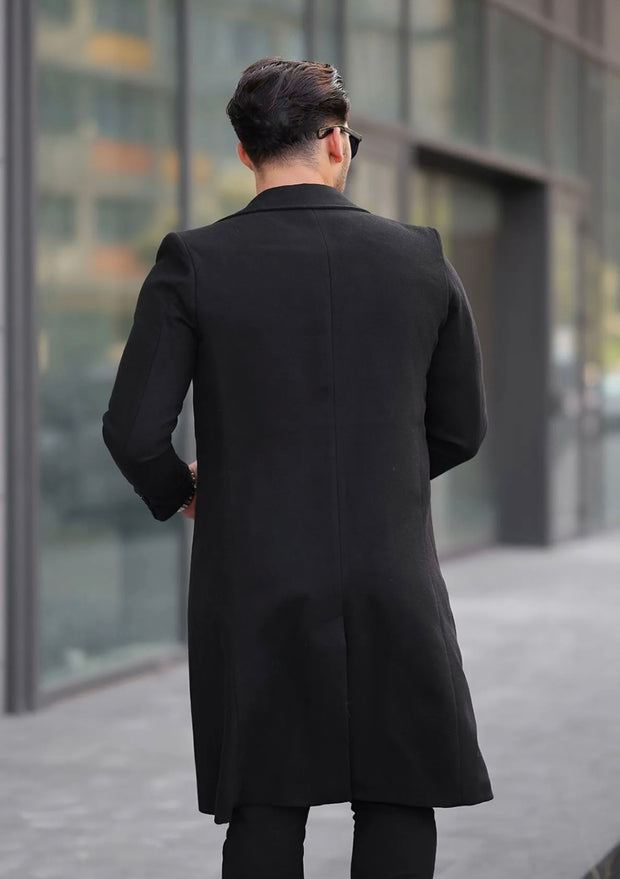 [John Shay] Black-Long Single Breasted 100% Wool Pea Coat