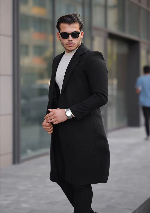 [John Shay] Black-Long Single Breasted 100% Wool Pea Coat