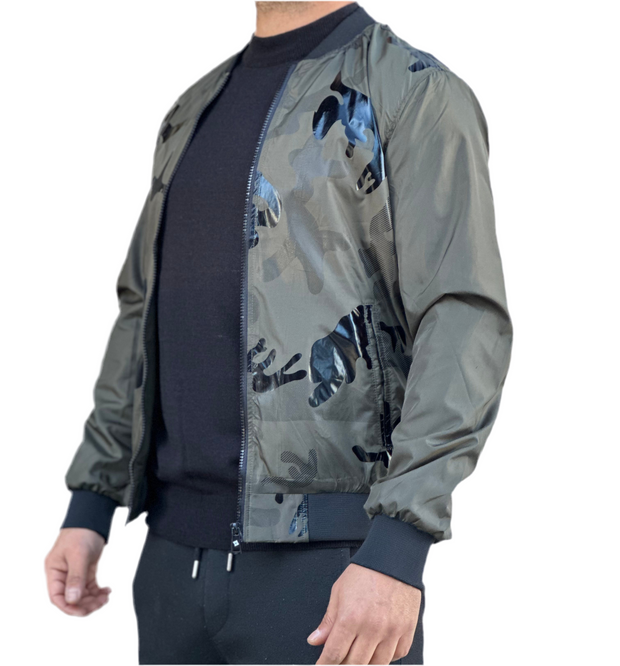 Olive Camo Print Bomber Jacket