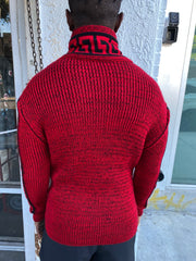 "Stephan" Red Long Sleeve Sweater Pull Over with Buckle On Neck