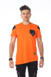 Orange Extended Tshirt With Black Patch On shoulders and Pocket With a Diagonal Cut son Bottom and Zip On Side