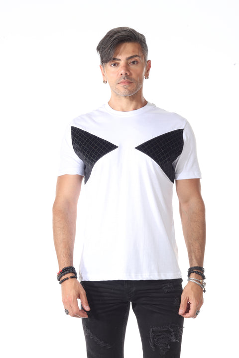 White & (Available In Black) Tshirt With Black Velvet Triangle On Chest With Small Dark Green Stone Details