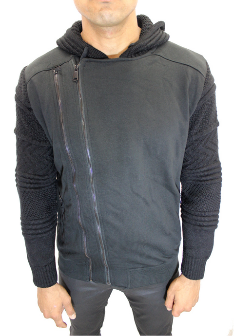 "Grant" Black Double Zipper Hoodie With Wool Sleeves And Hood