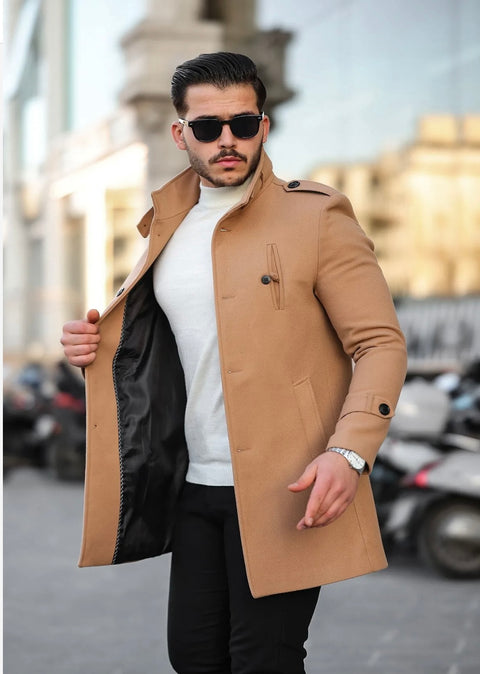 [Tommy] Beige -Single Breasted 100% Wool Pea Coat