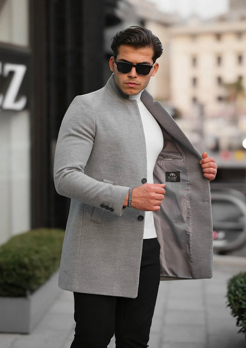 [Adam] Light Grey -Single Breasted 100% Wool Pea Coat