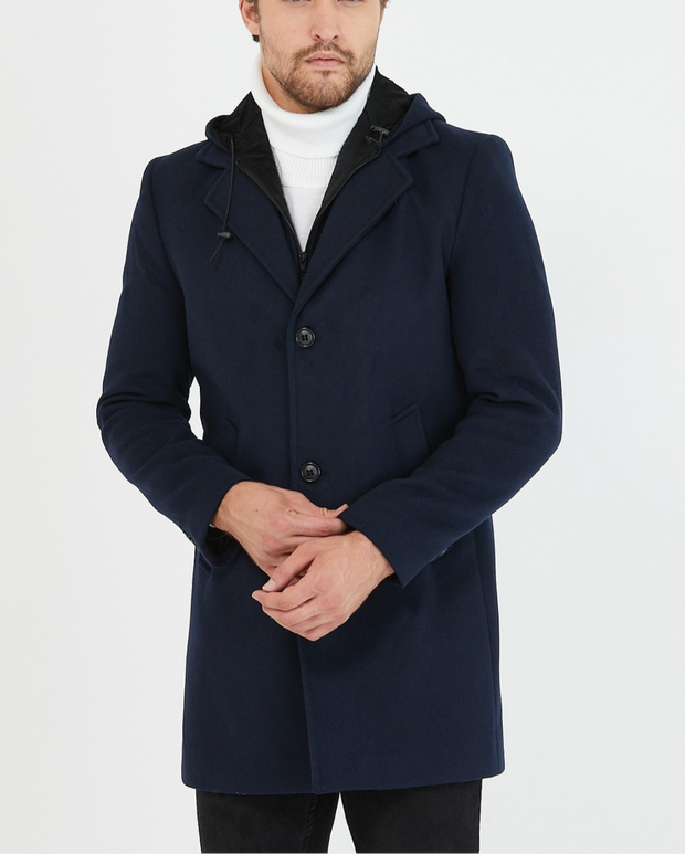 [Drew] Navy Blue Single-Breasted Pea Coat with Removable Hood 100% Wool