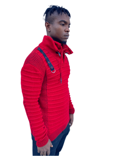 Red Fashion Long Sleeve Sweater Pull Over with Double Zip and Buckle On Neck