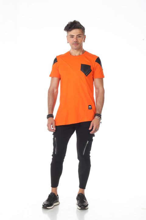 Orange Extended Tshirt With Black Patch On shoulders and Pocket With a Diagonal Cut son Bottom and Zip On Side