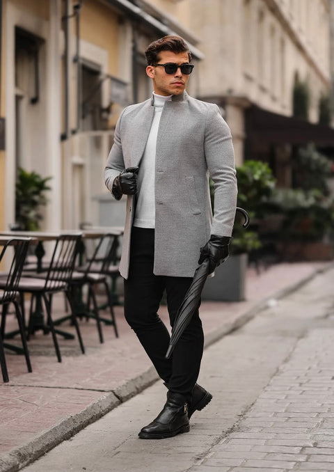 [Adam] Light Grey -Single Breasted 100% Wool Pea Coat