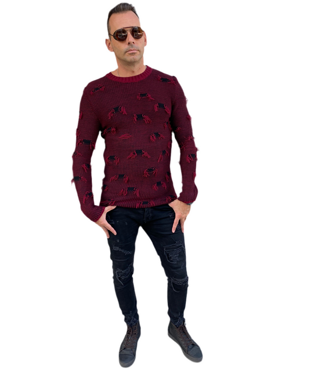 [Ervin] Distressed Look Burgundy Lightweight Knitted Crew Neck