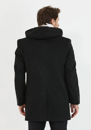 [Drew] Black-Single Breasted 100% Wool Pea Coat With Removable Hood