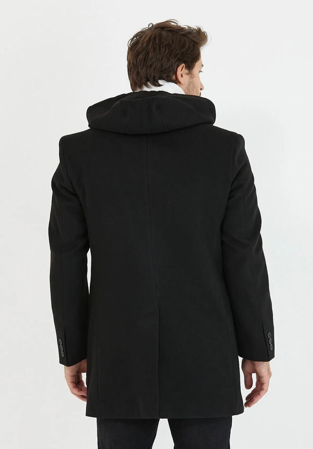 [Drew] Black-Single Breasted 100% Wool Pea Coat With Removable Hood