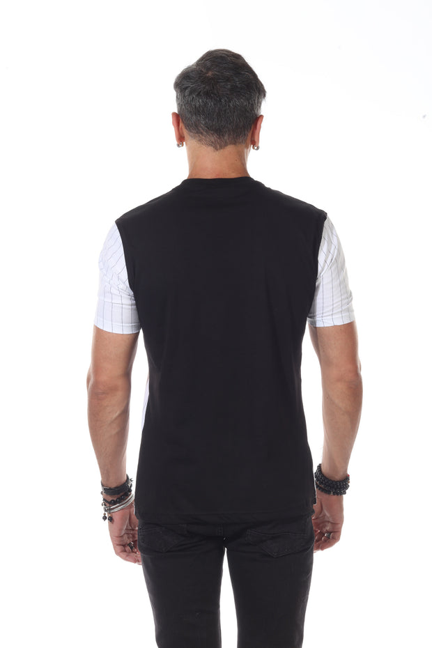 Black Fashion T shirt With Pinstripes and Button