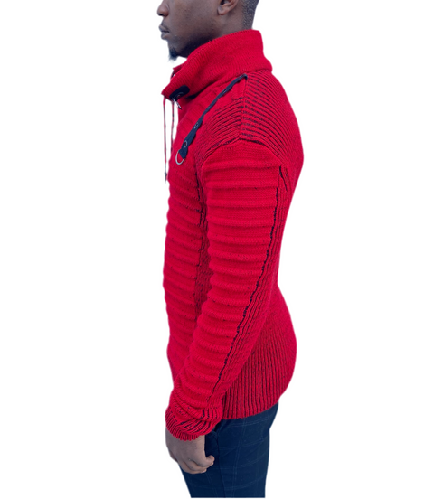 Red Fashion Long Sleeve Sweater Pull Over with Double Zip and Buckle On Neck