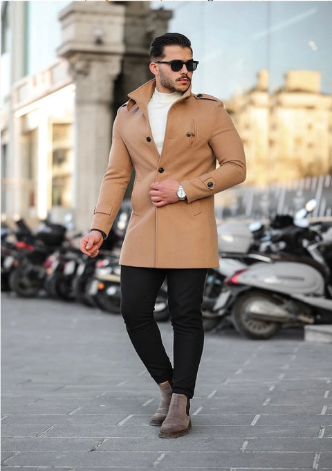 [Tommy] Beige -Single Breasted 100% Wool Pea Coat