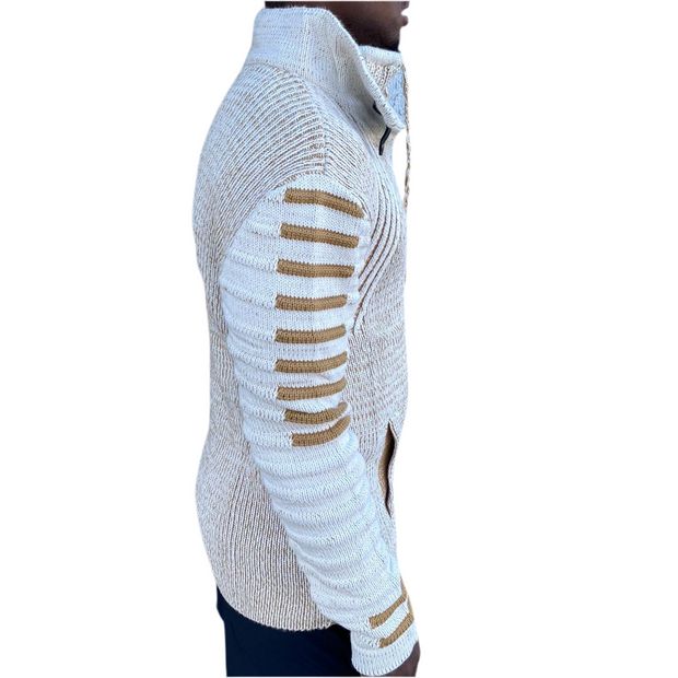 Beige Long Sleeve Sweater Pull Over with Double Zip and Buckle On Neck