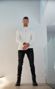 "[Adrian]" White Crew Neck Knitted Light Weight Fashion Sweater