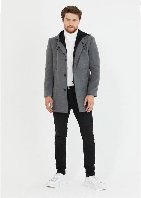 [Drew] Charcoal Grey Single-Breasted Pea Coat with Removable Hood –100% Wool