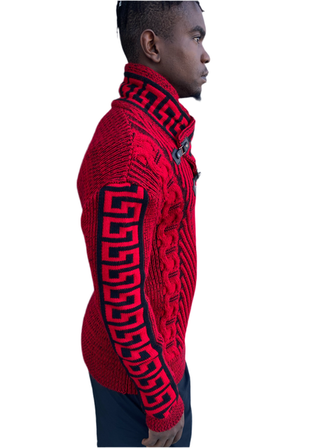 [Stephan] Red Men's Shawl Collar Sweater Pullover with Double Buckle