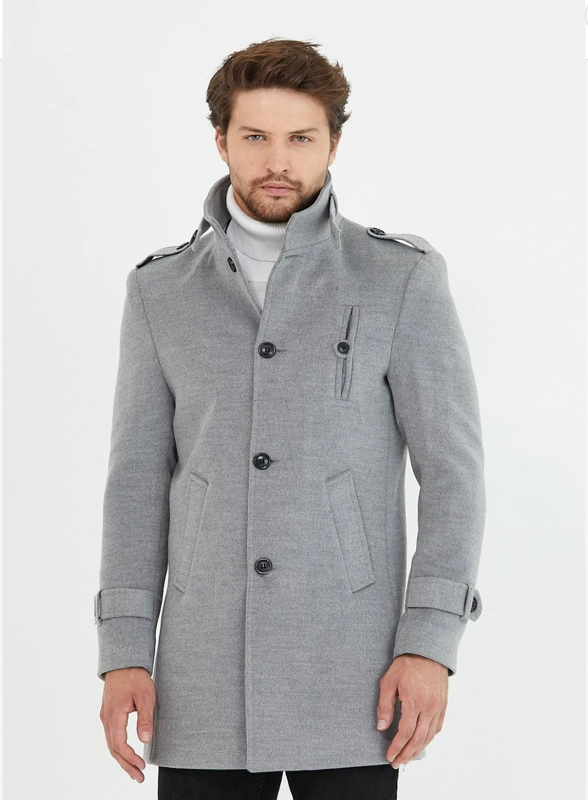 Tommy] Grey Single-Breasted Pea Coat 100% Wool – Young Republic