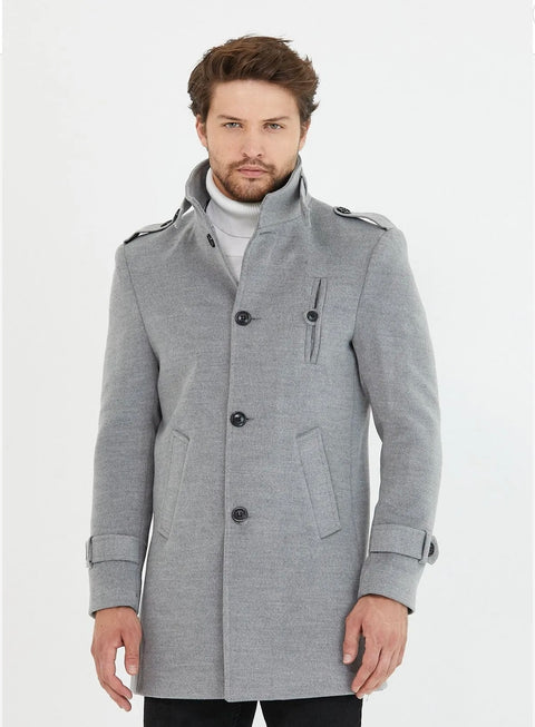 [Tommy] Grey-Single Breasted 100% Wool Pea Coat