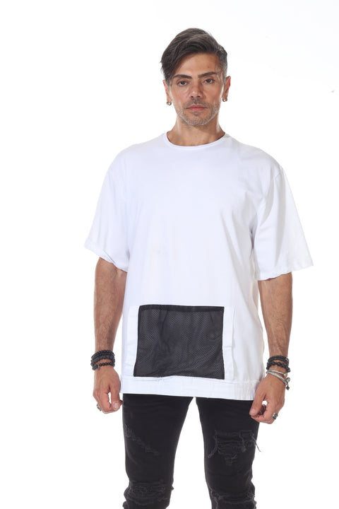 White Oversize Tshirt with Mesh Fabric  Front Pockets