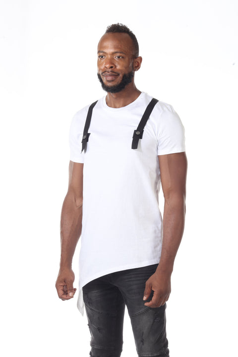 White Extended Fashion Tshirt With Diagonal Cut On Bottom With Black Straps On Shoulder