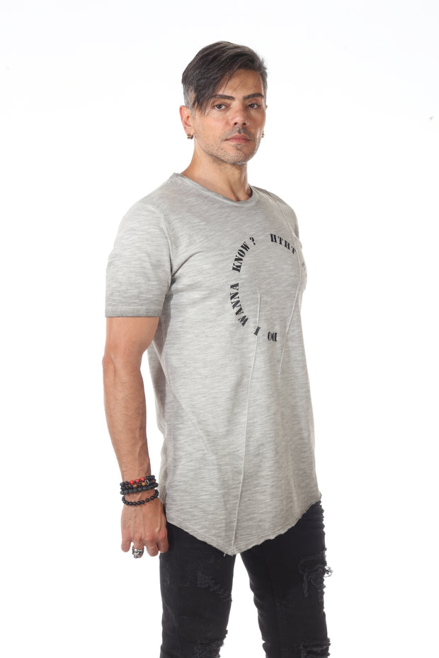 Light Heather Grey Extended Fashion Tshirt With Diagonal piping and diagonal Cut On Bottom and Back