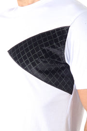 White & (Available In Black) Tshirt With Black Velvet Triangle On Chest With Small Dark Green Stone Details