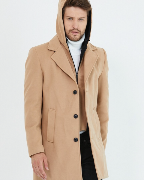 [Drew] Beige Single-Breasted Pea Coat with Removable Hood –100% Wool