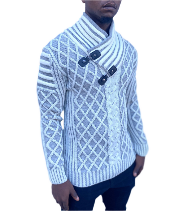 White Shawl-Collar Sweater Pull Over with Double Buckle On Neck