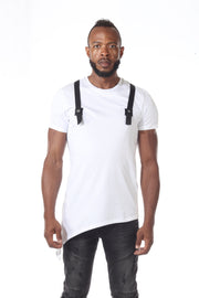 White Extended Fashion Tshirt With Diagonal Cut On Bottom With Black Straps On Shoulder