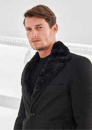 [Edwardo] Black Single-Breasted Pea Coat with Removable Fur