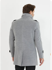 [Tommy] Grey-Single Breasted 100% Wool Pea Coat