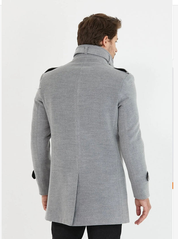 [Tommy] Grey Single-Breasted Pea Coat -100% Wool