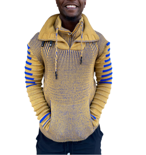 Gold Long Sleeve Sweater Pull Over with Double Zip and Buckle On Neck